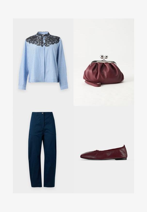 Blusa de manga larga con rayas verticales azules y blancas, con bordado floral de encaje negro alrededor del cuello y cierre de botones en el cuello.; Pantalones azul marino con un diseño de pierna recta, que presentan un cierre frontal con botón, dos bolsillos laterales y un acabado de tela suave y texturizada.; Bailarina plana de piel burdeos con borde superior elástico fruncido y suela negra fina sobre fondo blanco.; Pequeño bolso de mano de cuero burdeos con cierre metálico plateado y correa de muñeca sobre un fondo blanco.