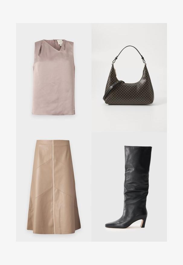 Ärmeløs lys mauve bluse med V-hals, knaplukning i ryggen og subtilt tekstureret stof, foldet fladt på en hvid baggrund.; Beige faux læder A-line nederdel med diskrete paneldetaljer og en glat mat overflade, knælang og højliv.; Sorte læderstøvler med hæl til midt på læggen, med en let skrånet skaft og spids tå på en lys baggrund.; Sort læder skuldertaske med et gentagne beige geometrisk mønster, guld lynlås og to justerbare remme på en hvid baggrund.