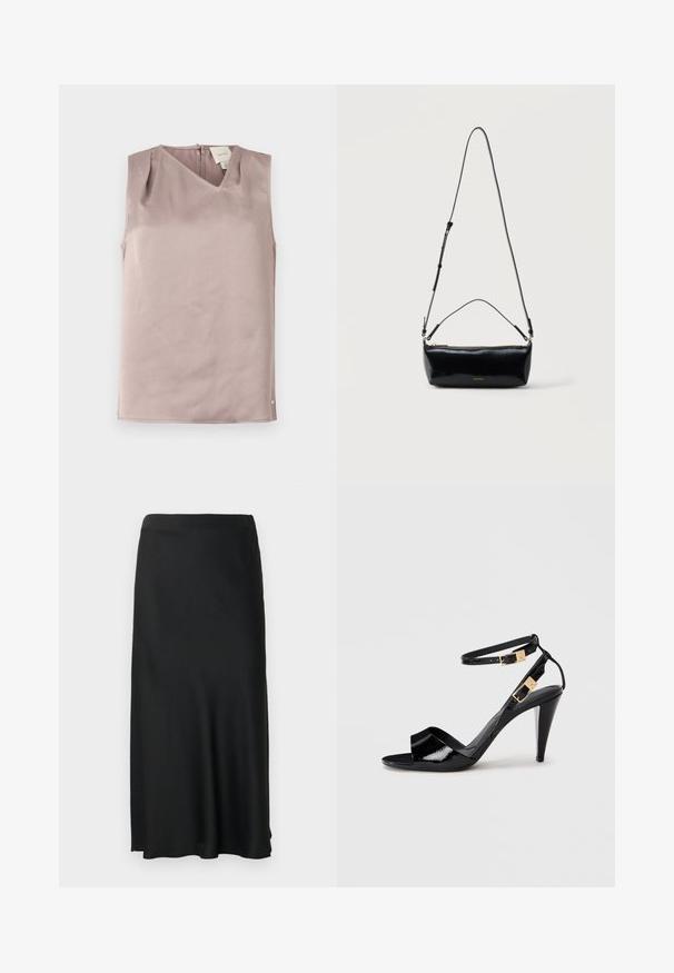 Blouse sans manches rose mauve clair avec encolure en V, fermeture au dos par boutons et tissu subtilement texturé, pliée à plat sur un fond blanc.; Jupe midi noire à texture lisse, avec une fente latérale à gauche et une taille élastique, offrant un design simple et classique.; Sandale à talon haut en cuir verni noir avec double bride de cheville et boucles dorées, bout ouvert, et talon effilé sur fond neutre.; Sac bandoulière rectangulaire en cuir noir avec bandoulière ajustable, fermeture éclair sur le dessus et petit logo Calvin Klein doré sur le devant.