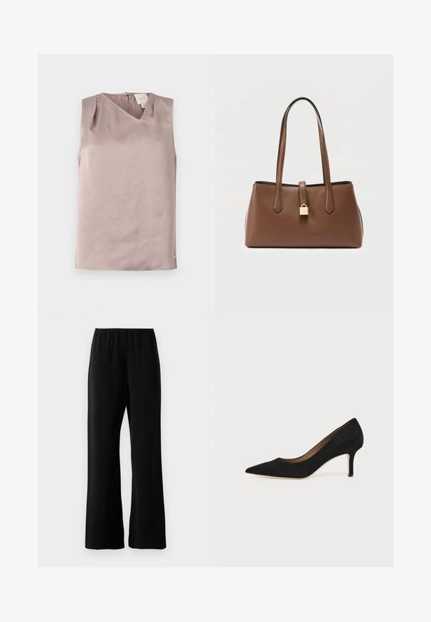 Mouwloze lichtmauve blouse met V-hals, knoopsluiting aan de achterkant en subtiele gestructureerde stof, plat gevouwen op een witte achtergrond.; Zwarte wijde broek met elastische tailleband, soepele stof en een ontspannen pasvorm, weergegeven tegen een witte achtergrond.; Zwarte suède pumps met spitse neus, een slanke middenhoge naaldhak en een laag uitgesneden ontwerp op een effen achtergrond.; Bruine leren handtas met twee lange hengsels en een gouden hangslotdetail op de band in het midden aan de voorkant, tegen een eenvoudige lichte achtergrond.