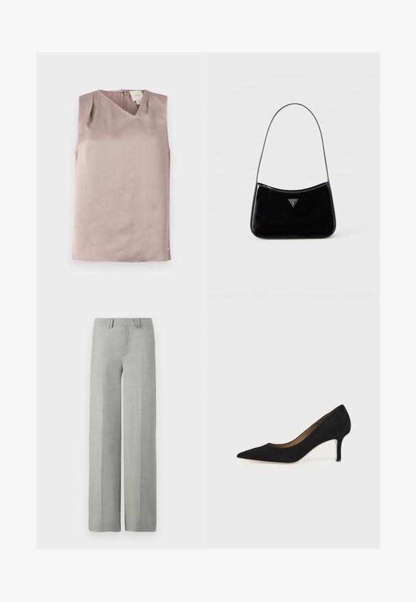Blusa sin mangas de color malva claro con escote en V, cierre de botones en la espalda y tejido sutilmente texturizado, doblada y colocada sobre un fondo blanco.; Pantalones gris de pierna ancha en una tela ligera, con un frente plano, presillas para cinturón y líneas limpias y ajustadas sin patrones visibles.; Salón de ante negro con punta puntiaguda, tacón de aguja delgado de altura media y diseño de corte bajo sobre un fondo liso.; Bolso de hombro de charol negro con correa delgada, logotipo triangular de Guess en el frente y cierre superior con cremallera.