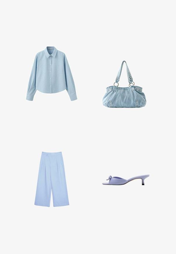 Chemise bleu clair à manches longues avec des boutons et un motif à grille subtil, dotée d'un col classique, présentée sur un fond blanc.; Pantalon large bleu clair, raccourci, avec plis et fermeture latérale à boutons à la taille haute.; Mule lavande à bout ouvert avec petit talon et nœud décoratif sur la partie supérieure, vue de profil sur fond blanc.; Sac à main en denim bleu clair avec deux bretelles attachées à des anneaux métalliques et des rivets décoratifs à l'avant et sur les côtés.