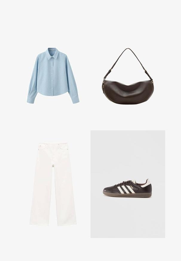 Lichtblauw, overhemd met lange mouwen en knopen, met een subtiel rasterpatroon en een klassieke kraag, afgebeeld op een witte achtergrond.; Witte hoge taille wijde pijpen jeans met een rits en knoopsluiting aan de voorkant, twee voorke pockets en lussen voor een riem.; Donkerbruine leren sneakers met een wit drie-strepen ontwerp, een rubberen zool en "Samba" in gouden letters aan de zijkant. Klassieke lage schoenvorm.; Donkerbruine leren schoudertas met een gebogen vorm, verstelbare riem en een gouden rits langs de onderrand.