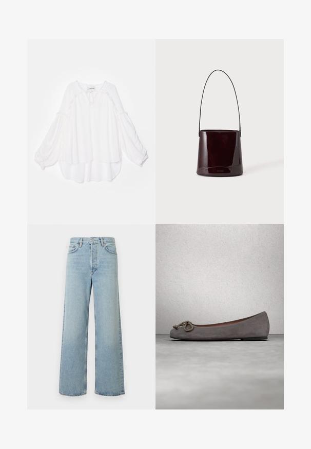 Hvid bluse med et løst, lagdelt design. Har lange, lette ærmer og en tekstureret kant langs halsudskæringen og kanten. Blødt stof.; Lyseblå vide bukser i denimstof med høj talje. Har fem lommer, knaplukning og subtilt falmet tekstur.; Grå ruskind balletflade sko med en rundet tå, et knyttet reb-detalje og en subtil kontrastkant langs kanten. Flad, fleksibel sål.; Mørkebrun blank spandtaske med lang tynd rem og minimal synlig syning på en lys baggrund.