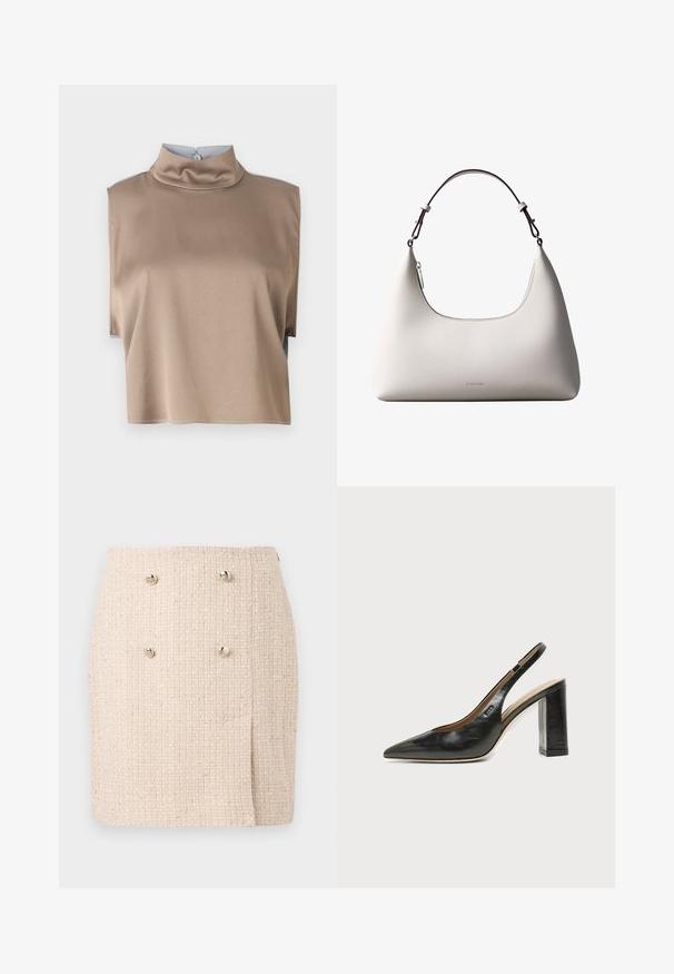 Besluttet top i glat, taupe stof med høj krave og korte ærmer, der har en knaplukning i ryggen og en ren kant.; Beige tekstureret nederdel med et vævet mønster, der har to markante sølvknapper foran og en let asymmetrisk kant.; Sort læder peep-toe slingback sko med høj blokhæl og beige indvendig foring mod en ensfarvet lys baggrund.; Cremefarvet skuldertaske i læder fra Calvin Klein med buet topkant, sølvfarvet lynlås og mørkebrun justerbar rem.