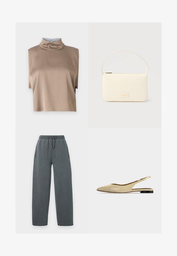 Haut coupé en tissu taupe lisse avec un col haut et des manches courtes, doté d'une fermeture au dos par bouton et d'un ourlet net.; Pantalons de jogging gris avec une taille élastique à cordon de serrage, des poches latérales et une coupe décontractée. Fabriqués à partir d'un tissu doux et texturé.; Chaussure plate beige à bout pointu avec bride arrière, petit talon noir et finition en cuir lisse, vue de côté sur un fond uni.; Sac à main rectangulaire de couleur crème avec une seule sangle et une fermeture éclair sur le dessus, comportant une petite plaque de logo embossé à l'avant.