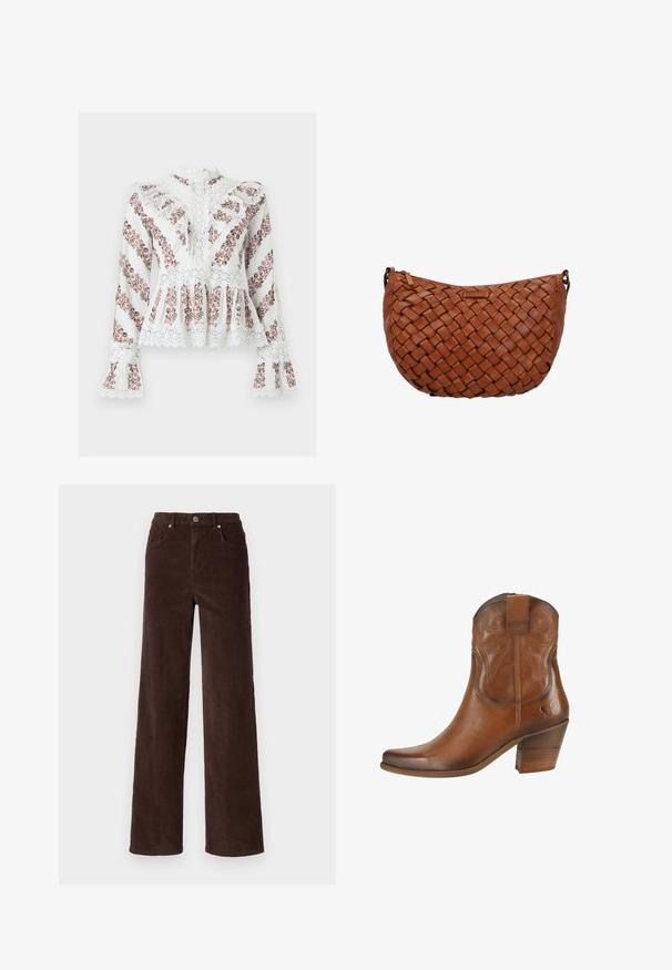 Witte blouse met lange mouwen met roze bloemenstrepen, kanten ruches op de borst, taille en manchetten, en een hoge kanten kraag.; Vero Moda VMTESSA WIDE PANTS - Broek - chocolate torte; Felmini Cowboy-/Bikerlaarsjes - namibia; Bruine leren schoudertas met geweven patroon en ritssluiting bovenop, afgebeeld tegen een witte achtergrond.
