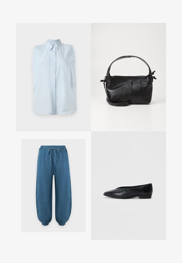 Chemise sans manches bleu clair à boutons, avec de fines rayures verticales blanches et un col pointu, présentée sur un fond uni.; Pantalon bleu texturé ample avec ceinture élastique et poignets aux chevilles, avec un cordon de serrage à l'avant pour l'ajustement.; Chaussure plate en cuir noir avec un bout pointu, un léger talon surélevé et une surface lisse. Design simple sans matériel ou motifs visibles.; Sac à main en cuir noir au design structuré, avec une poignée arrondie et une bandoulière amovible. Présente une texture lisse et un éclat subtil.