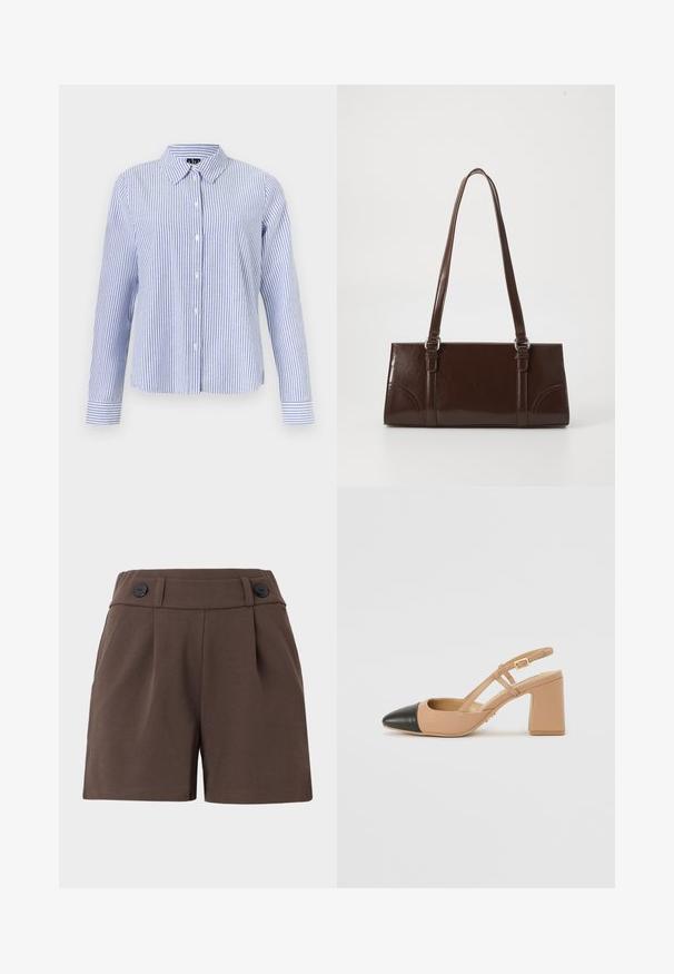 Chemise à manches longues boutonnée, avec des rayures verticales blanches et bleu clair et un col pointu, présentée sur un fond uni.; Shorts bruns en tissu texturé, avec une taille haute, des plis et deux boutons noirs à l'avant. Conception taillée avec des poches latérales.; Chaussure slingback beige avec un bout noir, un talon carré haut et deux accents de sangle, fabriquée en matière lisse.; Sac à main en cuir verni marron de forme rectangulaire, avec deux longues poignées et des accents courbés subtils à l'avant.