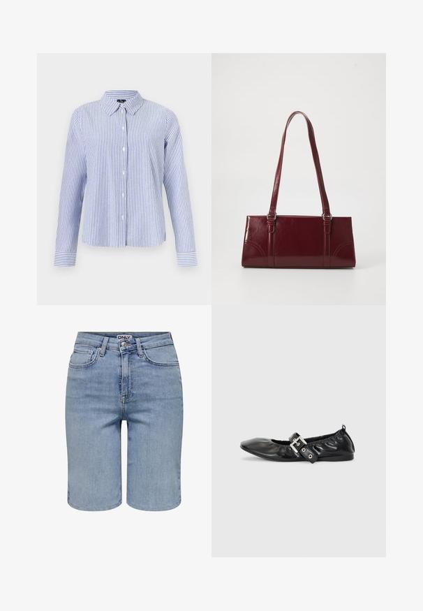 Langærmet skjorte med knapper med hvide og lyseblå lodrette striber og en spids krave vist på en ensfarvet baggrund.; Lyseblå denimshorts med forlommer, bæltestropper, en metalknap og en lynlåslukning.; Sorte læder flade sko med spids tå, samling detaljer omkring åbningen, og en sølv spænde accent på den justerbare rem.; Bordeaux håndtaske lavet af glansfuldt materiale, rektangulær form, med to skulderremme og subtile buede detaljer på forsiden.