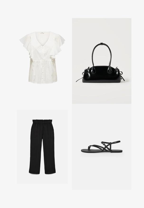 Blusa blanca con mangas cortas con volantes, escote en V profundo, cierre frontal de botones y bordado floral en el cuerpo. Tela ligera.; Pantalones negros de pierna ancha con cintura alta elástica y bolsillos delanteros de parche, hechos de tela texturizada.; Sandalia plana negra con tiras finas, lazo para el dedo del pie y correa ajustable con hebilla en el tobillo sobre un fondo gris claro liso.; Pequeño bolso negro brillante con dos asas largas y detalles de cordón lateral sobre un fondo claro liso.