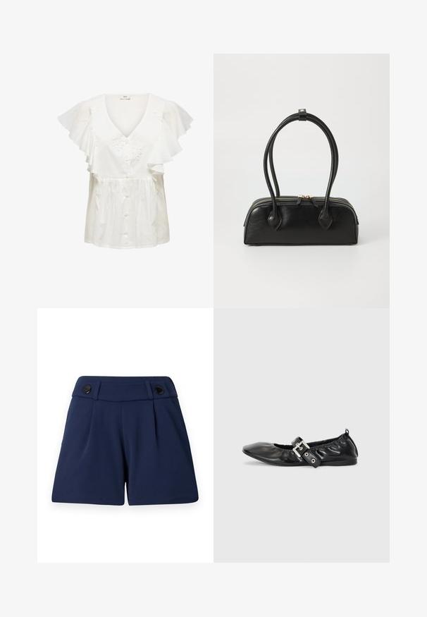 Blouse blanche à manches courtes à volants, col en V profond, fermeture à boutons sur le devant et broderie florale sur le corsage. Tissu léger.; Shorts ajustés bleu marine en tissu léger, avec deux plis devant et deux boutons noirs à la taille.; Chaussure plate en cuir noir avec un nez pointu, des détails froncés autour de l'ouverture et un accent en boucle argentée sur la bride ajustable.; Sac à main en cuir noir avec deux anses allongées, fermeture éclair et forme arrondie ; texture lisse avec une finition légèrement brillante.