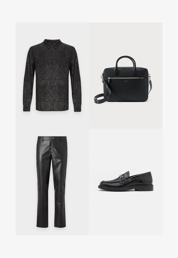 Chemise noire à manches longues avec un col montant, une fermeture à boutons sur le devant et un motif à pois blancs répartis sur toute la surface. Tissu lisse avec une coupe décontractée.; Pantalon en cuir noir avec une texture lisse, design à jambes droites et couture subtile le long des coutures. Présente une fermeture à bouton à la taille.; Mocassins en cuir noir avec un embout rond, présentant des accents en métal doré et des détails de couture, montés sur une semelle en caoutchouc texturé et basse.; Serviette rectangulaire en cuir noir texturé avec double poignée, poche avant zippée et bandoulière réglable présentée sur fond blanc.