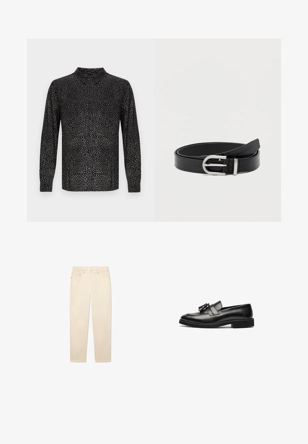 Zwart shirt met lange mouwen, voorzien van een hoge kraag, knopen aan de voorkant en een wit gestippeld patroon over het gehele oppervlak. Gladde stof met een losse pasvorm.; Witte beige denim jeans met een rechte pijp, voorzien van vijf zakken, een knoop- en ritsluiting, en subtiele stikseldetails.; Zwarte leren loafers met een gladde oppervlakte, een ronde neus en een decoratieve kwast op de band. Platte zool en subtiele stikseldetails.; Zwarte faux leren riem met krokodillenstructuur en een ronde zilveren gesp, opgerold op een effen witte achtergrond.