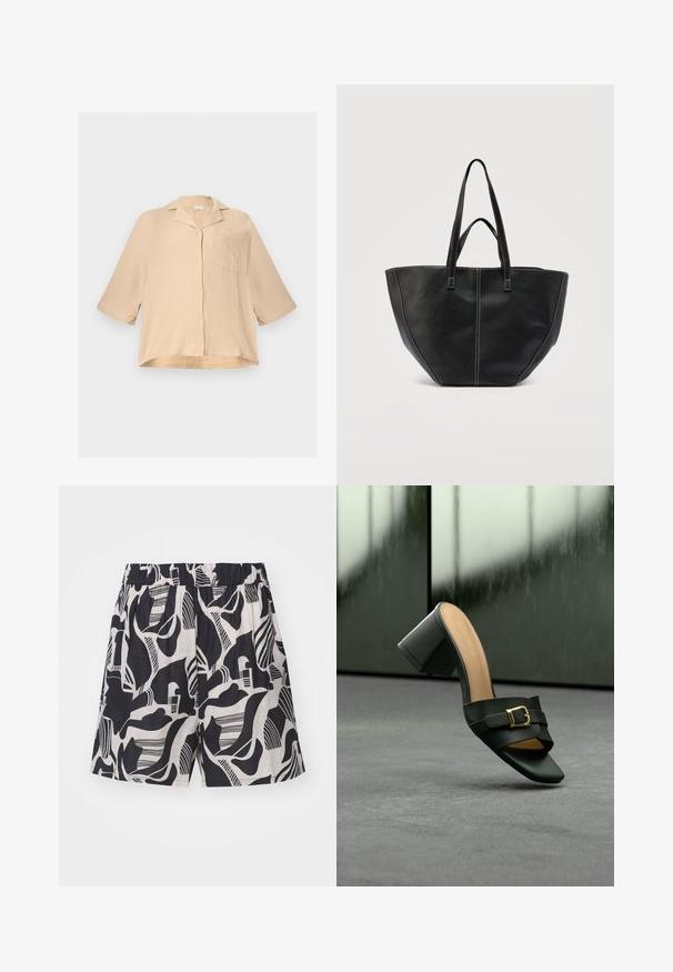 Beige, løs pasform, struktureret skjorte med knapper, halværmer, lille krave og en enkelt brystlomme, vist på en ensfarvet baggrund.; Sort og creme mønstrede shorts med abstrakte designs, en elastisk talje og en løs pasform, lavet af letvægtsstof.; Sort læder mule med åben tå, blokhæl og guldbuckles, vist på grå overflade med sløret mørk baggrund.; Sort lædertaske med to håndtag og kontrastfuld hvid syning, med en bred, struktureret form og detaljer med central søm.