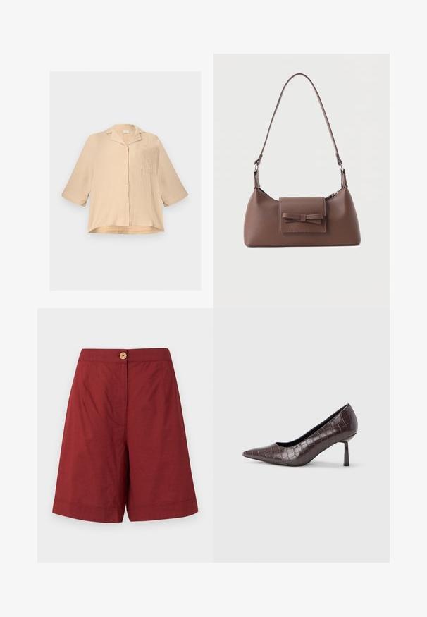 Chemise beige ample et texturée, à boutons, manches courtes, petit col et une unique poche poitrine, présentée sur un fond uni.; Shorts rouge foncé taille haute longueur genoux avec un bouton en bois unique et des poches avant cachées, présentés sur un fond uni.; Escarpins à bout pointu en similicuir marron avec une texture crocodile, dotés d’un talon fin et angulaire ainsi que d’une doublure intérieure lisse.; Sac à bandoulière en cuir marron avec une poche à rabat avant ornée d'un détail en forme de nœud cousu et une sangle réglable.