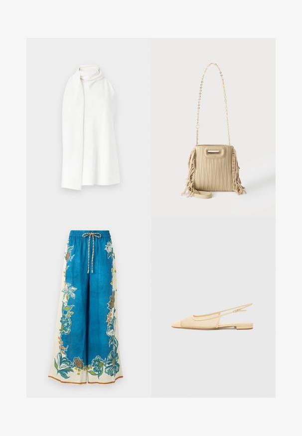 Écharpe blanche, texture douce et lisse, avec un design drapé et un col montant. Aucun motif ni ornement présent.; Pantalon large bleu avec des motifs floraux de bordure en vert, orange et blanc, doté d'une taille élastique et d'un cordon de serrage rayé.; Chaussure plate slingback en beige clair avec une tige en maille, un bout pointu et un petit talon. Dotée d'une sangle ajustable pour un bon maintien.; Sac à main matelassé beige avec des détails à franges sur les côtés, une bandoulière chaîne dorée et une petite ouverture sur la poignée supérieure.