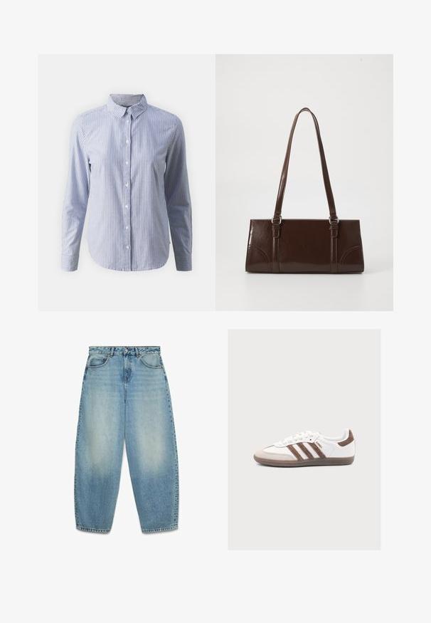 Chemise à boutons en bleu et blanc à rayures verticales ; manches longues, col et une texture en coton lisse avec un ourlet droit.; Jean denim bleu clair taille haute avec détails délavés, bouton et fermeture éclair à l'avant, deux poches avant, et coupe décontractée effilée.; Baskets blanches Adidas Samba avec des bandes en daim marron, un bout en daim marron et une semelle en gomme sur fond gris clair.; Sac à main en cuir verni marron de forme rectangulaire, avec deux longues poignées et des accents courbés subtils à l'avant.