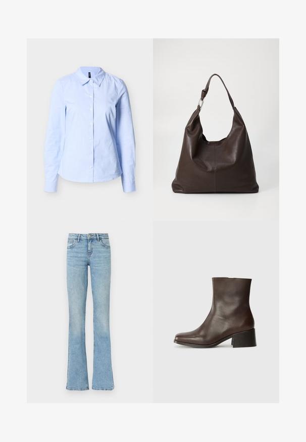 Chemise pour femmes à manches longues bleu clair avec des rayures blanches verticales subtiles et un col pointu sur un fond neutre.; Jean en denim bleu clair avec une taille haute et des jambes évasées, doté de poches avant, passants pour ceinture et fermeture par bouton.; Bottine en cuir marron avec une texture lisse, bout arrondi et un talon noir épais. Présente un design minimaliste sans quincaillerie visible.; Zign by Zalando LEATHER - Cabas - chocolate brown