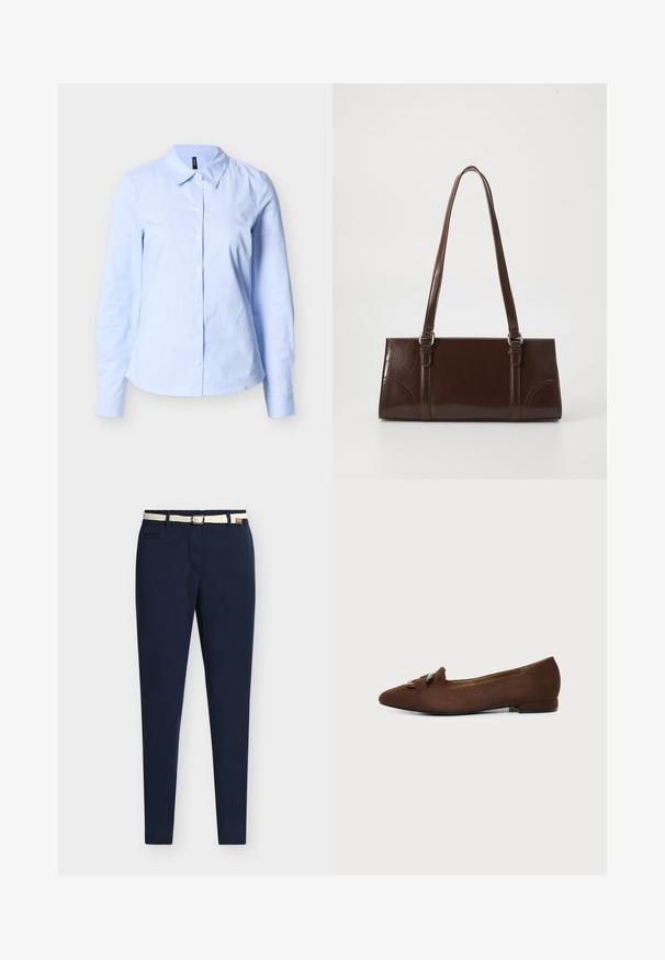 Chemise pour femmes à manches longues bleu clair avec des rayures blanches verticales subtiles et un col pointu sur un fond neutre.; Pantalon slim bleu marine avec poches avant, passants pour ceinture et ceinture tressée blanche avec boucle argentée.; Chaussure plate marron à bout pointu avec détail décoratif de boucle sur le dessus, sur fond clair uni.; Sac à main en cuir verni marron de forme rectangulaire, avec deux longues poignées et des accents courbés subtils à l'avant.