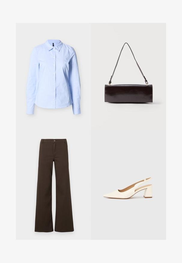 Chemise pour femmes à manches longues bleu clair avec des rayures blanches verticales subtiles et un col pointu sur un fond neutre.; Pantalons larges taille haute marron foncé avec fermeture à bouton et passants de ceinture, présentés sur un fond blanc uni.; Escarpin slingback en cuir verni crème brillant, avec un bout pointu et un talon carré épais pour la stabilité. Design minimaliste, sans ornements.; Sac à main rectangulaire en cuir noir avec une longue bandoulière unique et une finition brillante, présenté sur un fond blanc uni.