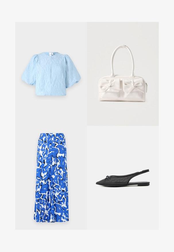 Lysblå cropped bluse med puffede ærmer, tekstureret stof, rund halsudskæring og en enkelt knaplukning bagpå.; Lang skørt med et blå- og hvidt abstrakt mønster, letvægtsstof, bredt taljebånd og en lige silhuet med sideåbninger.; Sort net-slingback flad sko med spids tå og lille sløjfedetalje på toppen, vist mod en hvid baggrund.; Hvid syntetisk håndtaske med to forlommer, hver med en bundet sløjfedetalje. Glat tekstur, afrundede håndtag og lynlås lukning.