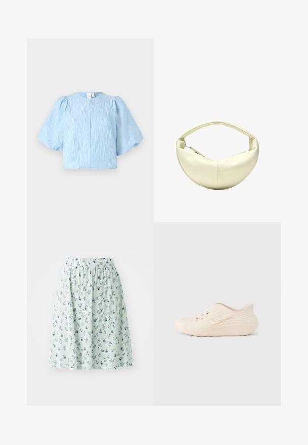 Lysblå cropped bluse med puffede ærmer, tekstureret stof, rund halsudskæring og en enkelt knaplukning bagpå.; Blomsterkjole med elastisk talje, lavet af let stof. Har en mintgrøn bund med små blå og hvide blomster mønstre overalt.; Beige slip-on træsko med glat overflade, ventilationshuller, riflet detaljer og et guld Nike-logo på siden. Fleksibelt gummimateriale.; Kremfarvet skuldertaske i halvmåneform med en enkelt rem og lynlåslukning i siden.