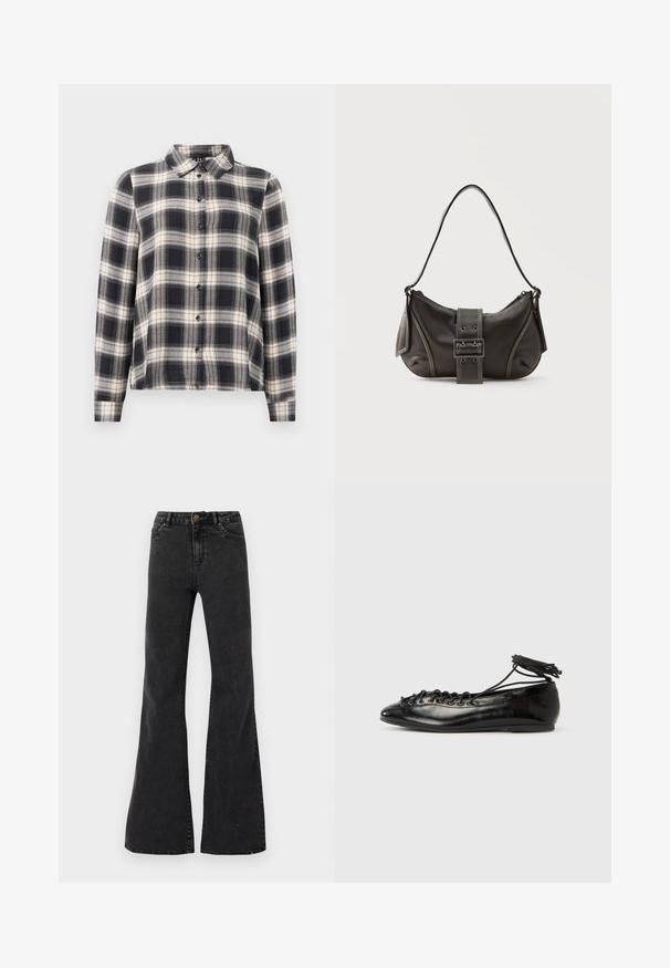 Langærmet ternet skjorte i navy, hvid og beige. Har standard krave, knaplukning fortil og blødt stof med ternet mønster.; Sorte flare jeans lavet af denim, med høj talje, forlommer og synlige sømme. Glat tekstur med en let glans.; Sorte balletflade sko i laklæder med rundet tå, snørelukning og flad sål. Glat tekstur med få detaljer.; Sort læder skuldertaske med spænde på remmen, afrundede kanter og kontrasterende hvide syninger på en ensfarvet baggrund.