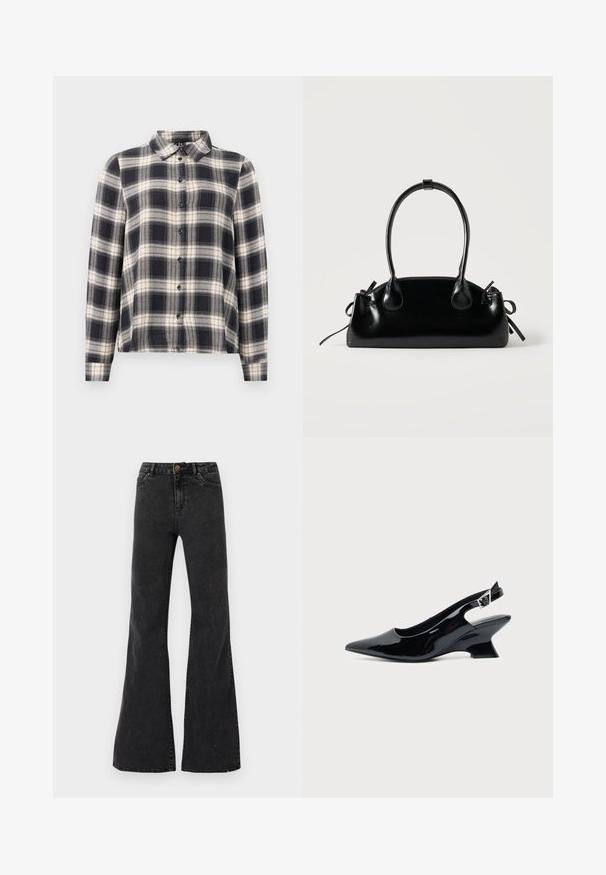 Langærmet ternet skjorte i navy, hvid og beige. Har standard krave, knaplukning fortil og blødt stof med ternet mønster.; Sorte flare jeans lavet af denim, med høj talje, forlommer og synlige sømme. Glat tekstur med en let glans.; Sort laklæder slingback sko med spids tå og lav vinklet blokhæl på ensartet lys baggrund.; Lille sort blank håndtaske med to lange håndtag og snøre-detaljer i siden på en ensfarvet lys baggrund.