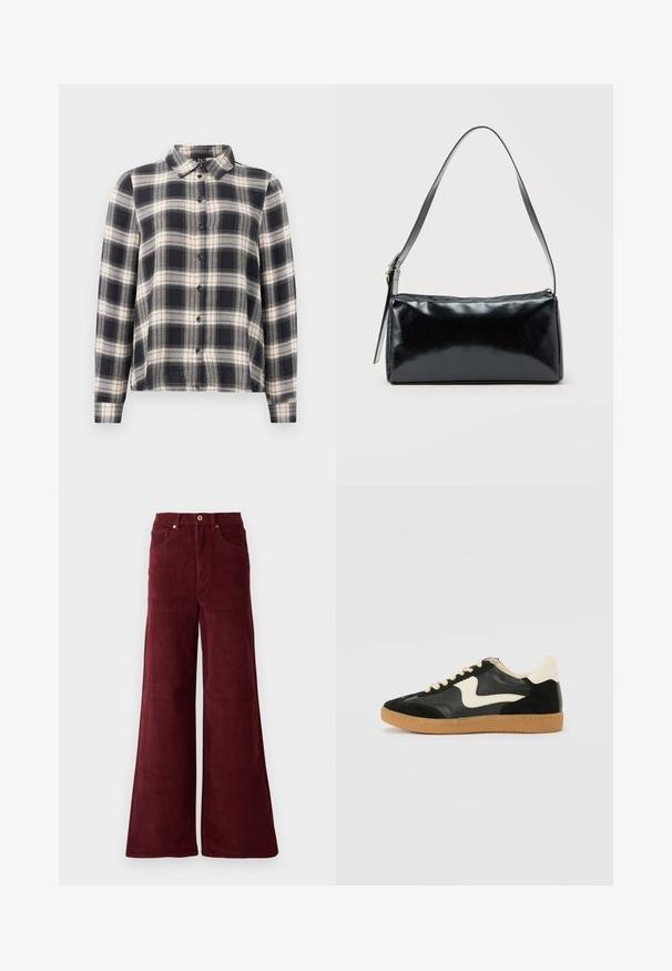 Chemise à manches longues à carreaux dans des teintes marine, blanche et beige. Dotée d'un col standard, d'une fermeture à boutons sur le devant et d'un tissu doux avec un motif à carreaux.; Pantalons en velours côtelé large de couleur bordeaux, avec une taille haute, des poches avant et une fermeture à bouton. Tissu texturé à côtes sur toute la surface.; Baskets en daim et cuir noir avec un swoosh latéral crème et un talon crème clair. Dotées de lacets beige et d'une semelle en caoutchouc gomme.; Sac d'épaule rectangulaire noir avec une sangle réglable unique et une fermeture éclair supérieure sur un fond uni.