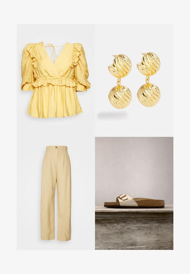 MUNTHE DEFOSS - Bluse - yellow; Alberta Ferretti Bukser - beige; Sandal med slide-design, der har en let metallisk overdel, korkfodbed og tekstureret brun gummisål. Spænde detalje med logoaccent.; Guldtonede øreringe med et snoet design. De har to sfæriske elementer, hver med en bølget tekstur og en poleret overflade.