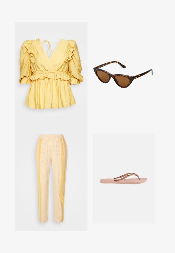 MUNTHE DEFOSS - Blusa - yellow; SUMMERY Copenhagen FREYA PANTS - Pantalones - coral; Chancla única de color rosa claro con suela texturizada y correas metálicas de oro rosa en forma de Y sobre un fondo liso.; Gafas de sol estilo ojo de gato con montura de carey negra y naranja, lentes marrones y puntas elegantes y afiladas. Presenta un logo minimalista en la patilla.