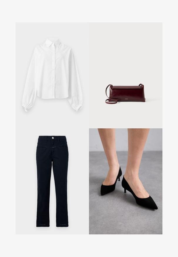 Chemise blanche à manches longues avec boutons, col et poignets bouffants, présentée à plat sur un fond clair.; Pantalon bleu marine en coton extensible avec une coupe droite, poches avant et fermeture à bouton à la taille.; Talons aigus en daim noir avec un talon moyen slim et classique, et une large ouverture, présentés sur des pieds nus sur un fond gris.; Sac à bandoulière en cuir bordeaux avec une texture lisse, de forme rectangulaire, fermeture à rabat et une fine sangle réglable. Détail du logo doré visible.