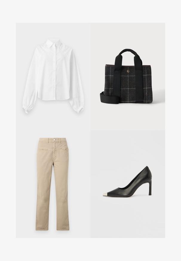 Chemise blanche à manches longues avec boutons, col et poignets bouffants, présentée à plat sur un fond clair.; Pantalon beige en coton avec une coupe droite, doté d'une fermeture à bouton sur le devant, de deux poches sur le devant et de détails de couture subtils.; Chaussure à talon haut en cuir noir avec bout pointu et capuchon argenté métallique. Présente une finition lisse et un talon fin de 10 cm.; Sac à main en tissu à carreaux gris foncé avec des anses noires et une bandoulière amovible, avec un petit bouton métallique rond en détail.
