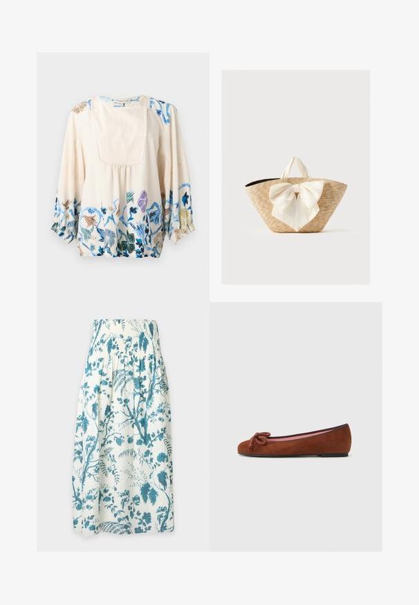 Crèmekleurige blouse met lange pofmouwen, voorflapdetail en blauw, groen, paars en bruin bloemmotief langs zoom en schouders.; Witte rok met hoge geplooide taille, met een blauw bloemen- en wijnrankpatroon, weergegeven op een effen lichtgrijze achtergrond.; Bruine suède balletschoen met een ronde neus, voorzien van een decoratieve knoop aan de voorkant en een contrasterende roze binnenvoering. Platte zool.; Gevlochten strooien draagtas met crèmekleurige stoffen handvatten en een grote decoratieve crèmekleurige strik aan de voorkant, op een effen achtergrond.