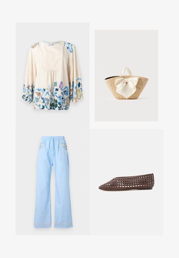 Crèmekleurige blouse met lange pofmouwen, voorflapdetail en blauw, groen, paars en bruin bloemmotief langs zoom en schouders.; Lichtblauwe katoenen broek met een elastische tailleband, voorzien van bloemstickers op de voorkant en contrasterende afwerking aan de zoom.; Bruine platte schoen met geweven opengewerkt ontwerp en gesloten afgeronde neus, zijaanzicht op een lichte achtergrond.; Gevlochten strooien draagtas met crèmekleurige stoffen handvatten en een grote decoratieve crèmekleurige strik aan de voorkant, op een effen achtergrond.