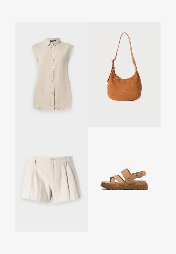 Lys beige ærmeløs skjorte med knap-åbning foran, spidse kraver og rundet kant. Fremstillet af et blødt, struktureret stof.; Linning shorts i en lys beige farve med plisseret design, frontknaplukning og en glat, struktureret finish.; Brune lædersandaler med to brede stropper, en bagstrop med en metalspænde og en kraftig gummisål med et struktureret mønster.; Tan ruskinds skuldertaske med buet design, justerbar rem, metallynlås og præget logo-detail på forsiden.