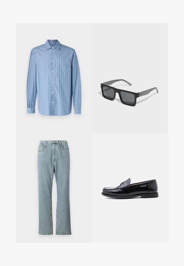 Helles blaues Hemd mit aufrechten Streifen in unterschiedlichen Breiten, ausgestattet mit einem spitzen Kragen, langen Ärmeln und einer einzelnen Brusttasche.; Helles blaues Denim-Jeans mit hoher Taille, weit geschnittenen geraden Beinen und einfacher Naht. Verfügt über fünf Taschen und einen klassischen Knopfverschluss.; Schwarze Leder-Loafer mit glänzendem Finish, mit einer gesteppten Verzierung auf der Zehenpartie und einer niedrigen, strukturierten schwarzen Gummisohle.; HUGO Sonnenbrille - black