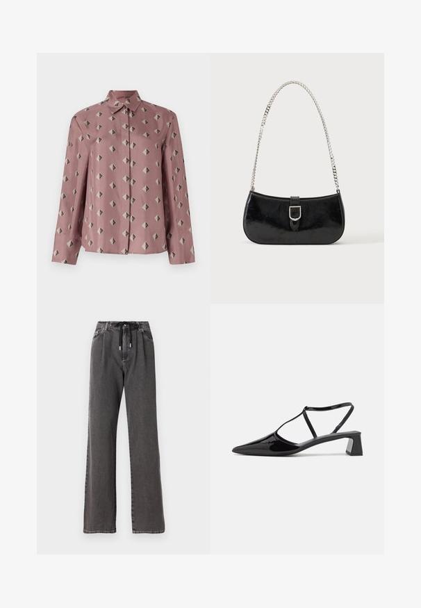 Knapbluse i blødt pink stof med et geometrisk mønster bestående af diamanter og trekanter i afdæmpet grå og sort. Lange ærmer, klassisk krave.; Løsgribede grå denim bukser med snoretræk i taljen og forlommer, fremstillet af blød, robust bomuldsstof.; Sorte patentlæder slingbacksko med spids tå, justerbar rem og firkantet mellemstiletto. Glat tekstur med en glansfuld finish.; Sort skuldertaske i laklæder med sølv spænde og sølv kæderem, vist mod en ensartet lys baggrund.