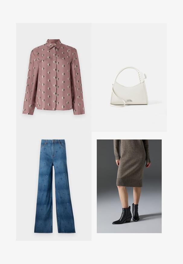 Knapbluse i blødt pink stof med et geometrisk mønster bestående af diamanter og trekanter i afdæmpet grå og sort. Lange ærmer, klassisk krave.; Bredde ben denimjeans i mørkeblå, med et diskret heltryk og klassisk fem-lomme-design. Syningen står i kontrast til stoffet.; Sorte læder ankelstøvler med spidse tæer, en kraftig hæl og zigzag-stikningsdetaljer, parret med en ribbet, brun strik kjole.; Hvid læder håndtaske med en buet form, udsmykket med små hvide nitter langs håndtaget. Har en lang rem og prægede logo foran.