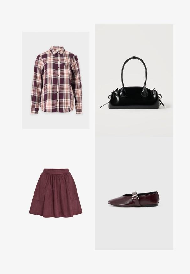 Overhemd met lange mouwen met knopen, paars, roze en bruin geruit patroon en een puntige kraag op een witte achtergrond.; Bordeaux suède rok met een flared vorm, elastische tailleband en twee zijzakken, met een zachte textuur en minimalistisch ontwerp.; Bordeaux leren balletschoenen met een puntige neus, een platte zool en een decoratieve gesp over de wreef. Glad, glanzend oppervlak.; Kleine zwarte glanzende handtas met twee lange hengsels en zijkant trekkoord details op een effen lichte achtergrond.