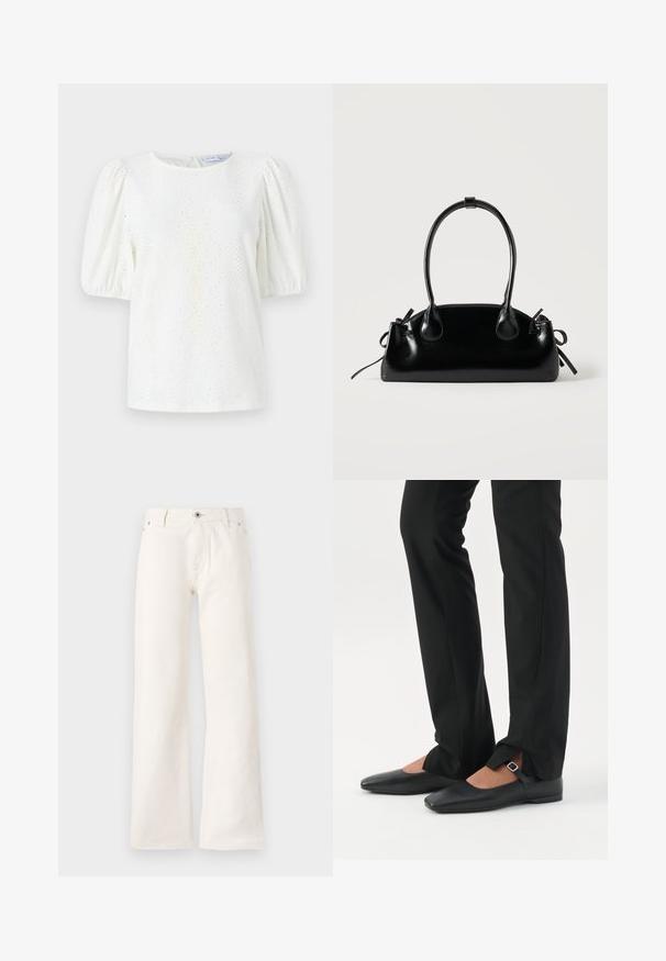 Blusa blanca con mangas abullonadas, escote redondo y patrón de ojales que aporta textura. El detalle de cierre en la parte posterior con forma de ojal añade un elemento de diseño sutil.; Jeans blancos de pierna ancha fabricados en denim, con cierre frontal de botón, cinco bolsillos y una textura suave sin patrones visibles.; Piernas con pantalones ajustados negros con aberturas frontales en el dobladillo, combinados con zapatos planos Mary Jane negros con una pequeña correa con hebilla.; Pequeño bolso negro brillante con dos asas largas y detalles de cordón lateral sobre un fondo claro liso.