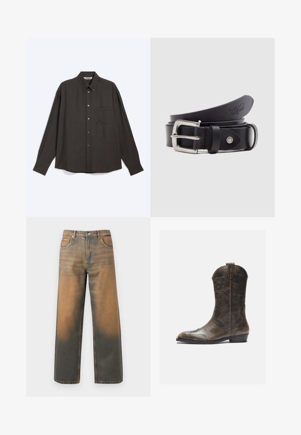Mørkegrå langærmet skjorte med knapper og diskrete lodrette nålestriber, en brystlomme foran og spids krave, lagt fladt på hvid baggrund.; Videbenede jeans i slidte blå og brune denim. Har høj talje, forlommer og en klassisk knaplukning med metaldetaljer.; Brune læder cowboystøvle med en høj skaft, spids tå, intrikate syning mønstre og en lille hæl. Struktureret finish hele vejen igennem.; Sort læderbælte med spænde i sølvmetal, en trykknap til justering og prægede detaljer på læderet. Glat tekstur over det hele.