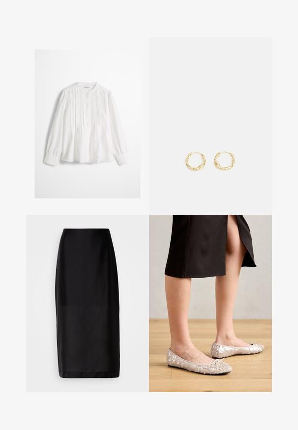 Hvid bluse med lange ærmer, lodrette folder, rund krave, knappet front og brede manchetter.; Sort midi nederdel med lige design, lavet af glat stof. Har en talje og en søm ved knæ længde.; Beige stæl ballet flats med en rund tå, der har en bueaccent, parret med en sort nederdel, vist på et trægulv.; Guld hoops øreringe med en tekstureret, ujævn overflade. Har et let design og cirkulær form, egnet til hverdagsbrug.