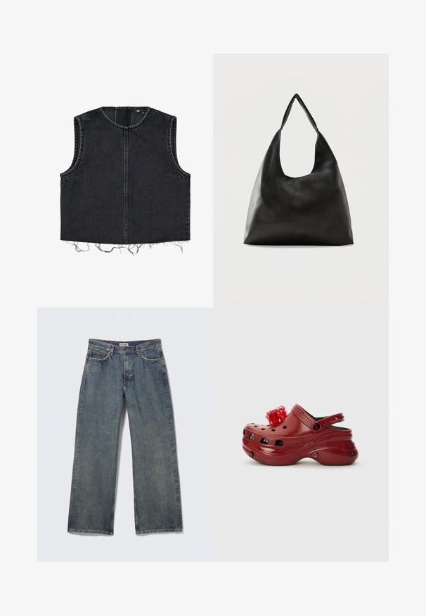 Sort denim ærmeløs vest med rund halsudskæring, synlig syning, to forlommer og rå kantdetaljer.; Blå denim jeans med vide ben, høj talje, fem-lomme design og subtil slid på stoffet. Mærkeetiket synlig på linningen.; Rød plastikklip med ventilationshuller, hævet hæl og en blomsterdekoration ovenpå. Har en bagrem og teksturerede sider.; Sort skuldertaske i glat læder med en bred, enkelt strop og et afslappet, minimalistisk design mod en ensfarvet baggrund.