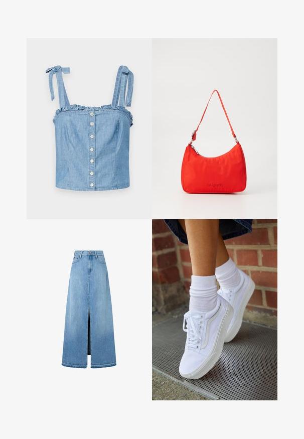 Svetlo modrá deninová crop top s našitými volánikmi na výstrihu, nastaviteľnými viazacími ramienkami a predným zapínaním na šesť kontrastných guľatých gombíkov.; Svetlomodrá džínsová maxi sukňa s predným rozparkom, typický A-líniový strih, zakončený lem a klasický dizajn s piatimi vreckami. Zapínanie na gombík v páse.; Biele plátené tenisky s gumovou podrážkou, s piatimi dierkami na šnúrky, okrúhlou špičkou a svetlými švami, doplnené o biele členkové ponožky.; Červená nylonová kabelka s oblúkovým siluetom, jedným popruhom, striebornými kovovými doplnkami a embosovaným logom na prednej strane. Hladký povrch.