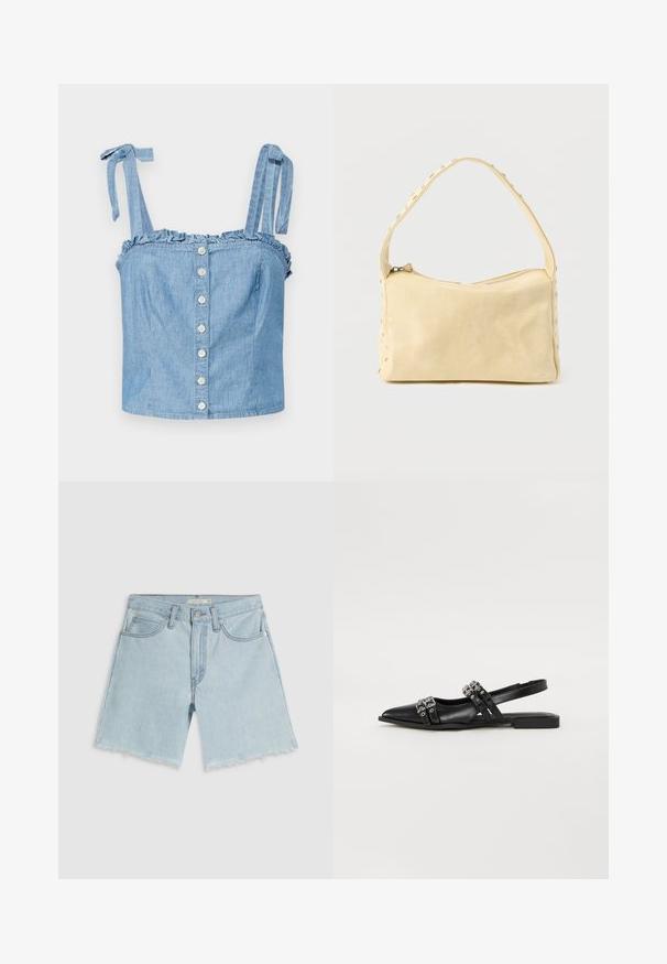 Hele sinine denim crop top rippuvate kraega, reguleeritavate sidumisrihmadega ja ees viis ühtlast ümmargust nööpi.; Hele sinised teksapüksid, millel on narmendavad ääred, neli taskut ja tõmblukk; iseloomustab õrn pleekimine ja hõbedase tooniga riistvara.; Even&Odd Kannarihmaga baleriinad - black; Väike beež nahast käekott ühe rihmaga ja hõbedaste naeltega piki äärte ja rihma, esitatud ühtse taustaga.