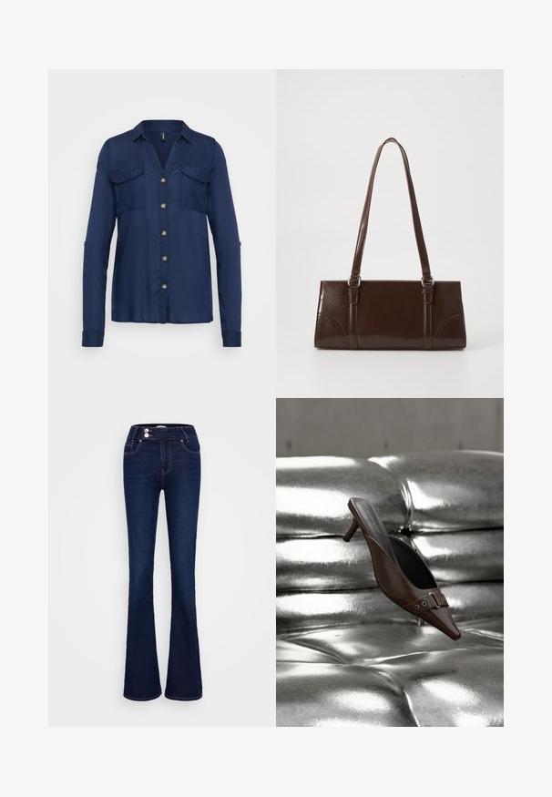 Marineblauwe button-up shirt met lange mouwen, twee borstzakken en goudkleurige knopen. Glad materiaal met een kraag en een iets relaxte pasvorm.; Donkerblauwe wijde jeans gemaakt van denim, met een hoge taille, twee voorzakken en een ritssluiting met knoop, afgewerkt met contrasterend stiksel.; Bruine mule met hoge hak en puntige neus, voorzien van gespsdetail, zwevend boven een glanzend zilveren, getufte leren oppervlak.; Bruine lakleren handtas met een rechthoekige vorm, twee lange handvatten en subtiele gebogen accenten aan de voorkant.
