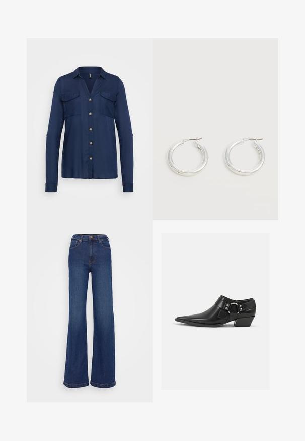 Camisa de botones azul marino con mangas largas, dos bolsillos en el pecho y botones en tono dorado. Tejido suave con collar y un corte ligeramente relajado.; Pantalones vaqueros de pierna ancha fabricados en denim azul oscuro. Presentan una cintura alta, diseño de cinco bolsillos y costuras sutiles en las costuras.; Botas de cuero negras hasta el tobillo con puntera puntiaguda, que presentan una correa de cuero en la parte delantera y un detalle de hebilla plateada, además de un tacón bajo y cuadrado.; Par de pendientes de aro plateados brillantes de tamaño mediano con cierres metálicos finos sobre un fondo neutro claro.