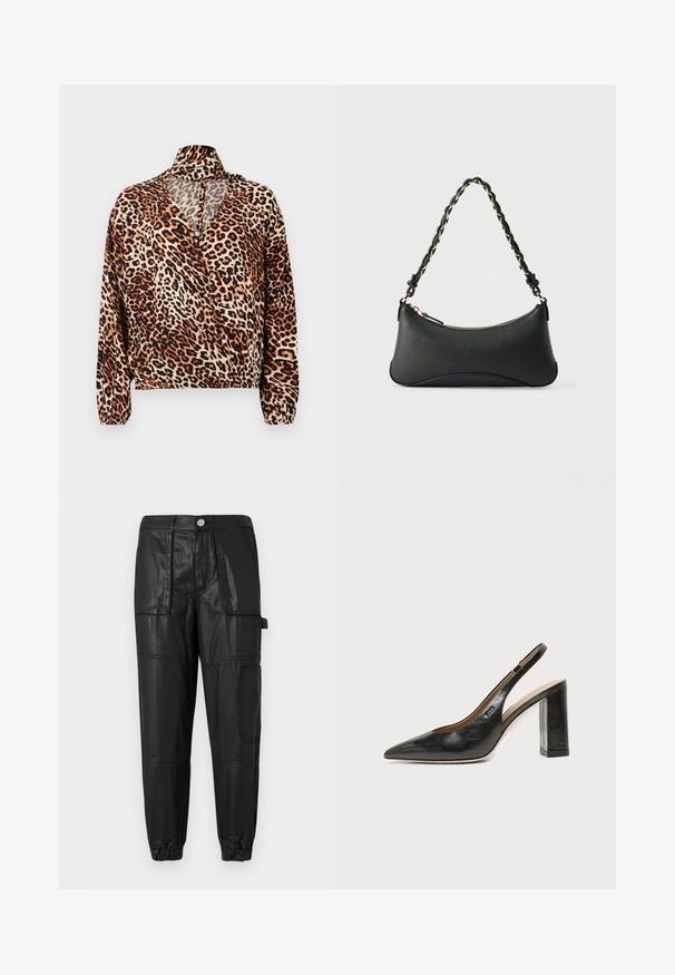 Luipaardprint blouse met lange mouwen, hoge kraag en een diepe V-halslijn. Gemaakt van lichtgewicht stof, met een gathered onderrand.; Zwarte leren broek met een elastische tailleband, taps toelopende manchetten en meerdere zakken. De stof heeft een licht glanzende afwerking.; Zwarte leren slingback schoen met spits toelopend neusje, hoge blokhak en beige binnenvoering tegen een effen lichte achtergrond.; Zwarte lederen schoudertas met een gebogen rechthoekige vorm, gouden ketting verweven in een gevlochten zwarte band, en een ritssluiting bovenop.